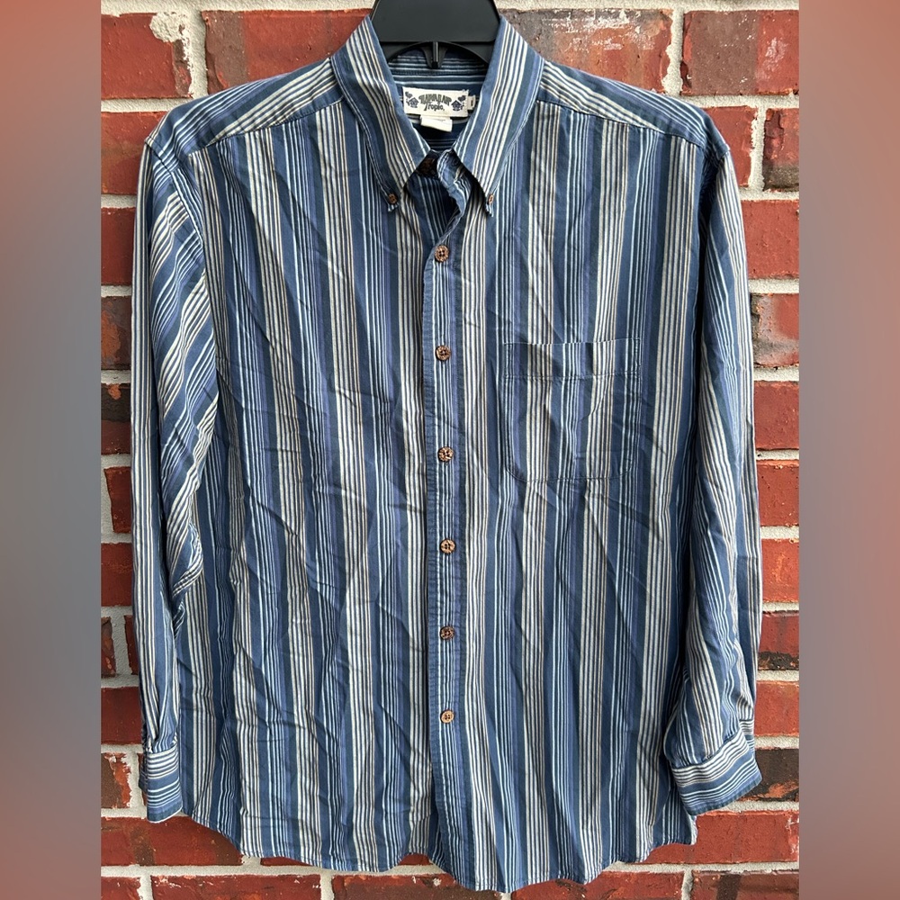 Hawaiian Tropic Long Sleeve Button Down Large Striped Shirt Wooden Buttons Z4